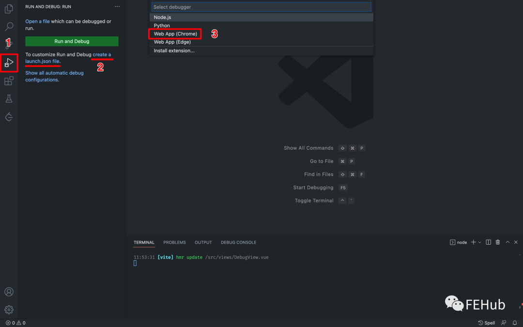 VS Code 运行和调试界面,展示如何创建 launch.json 文件并选择调试器