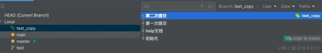 新建分支 test_copy 后的提交历史视图