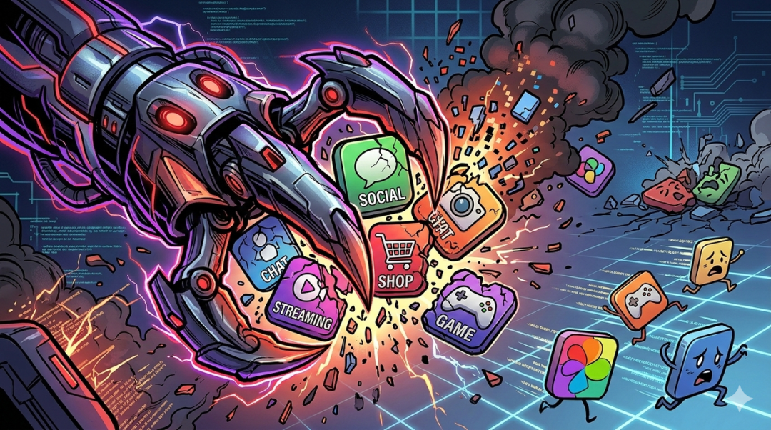 一只机械爪正在抓取并摧毁社交、购物、游戏等应用程序图标