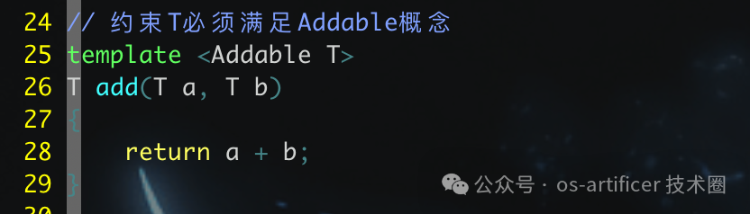 使用 `template <Addable T>` 语法约束模板参数的代码示例