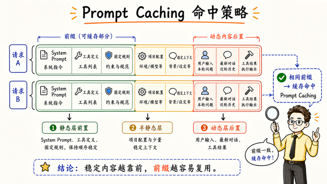 Prompt Caching命中策略图，强调稳定内容前置以提高缓存复用率