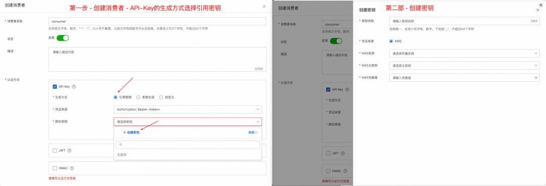 创建消费者和KMS密钥的配置流程界面