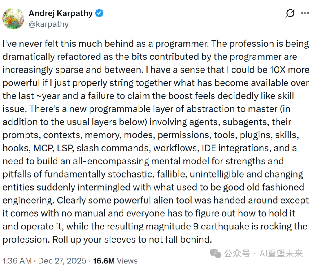 Andrej Karpathy关于AI重构编程职业的推文截图