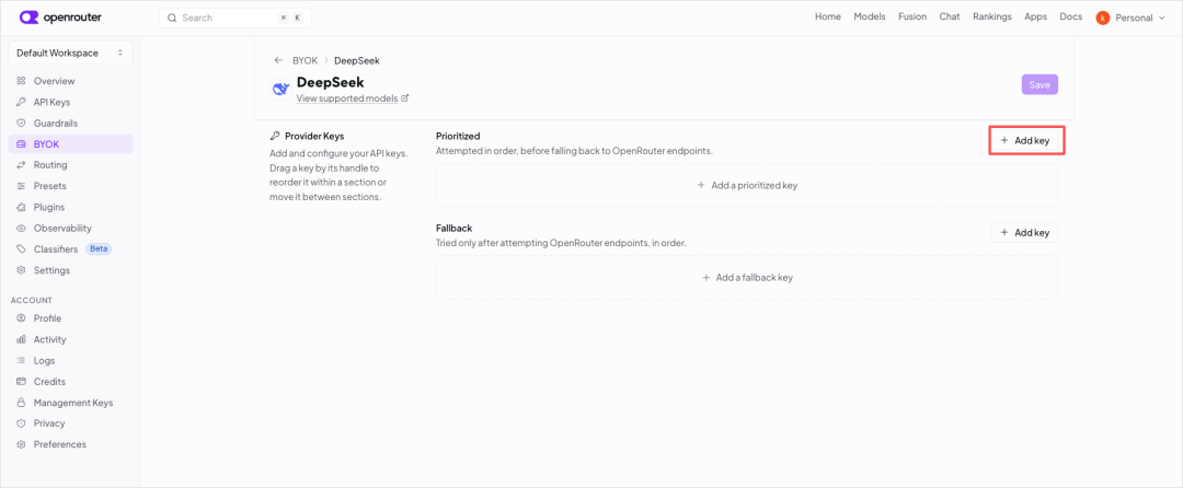 OpenRouter BYOK 配置 DeepSeek 密钥