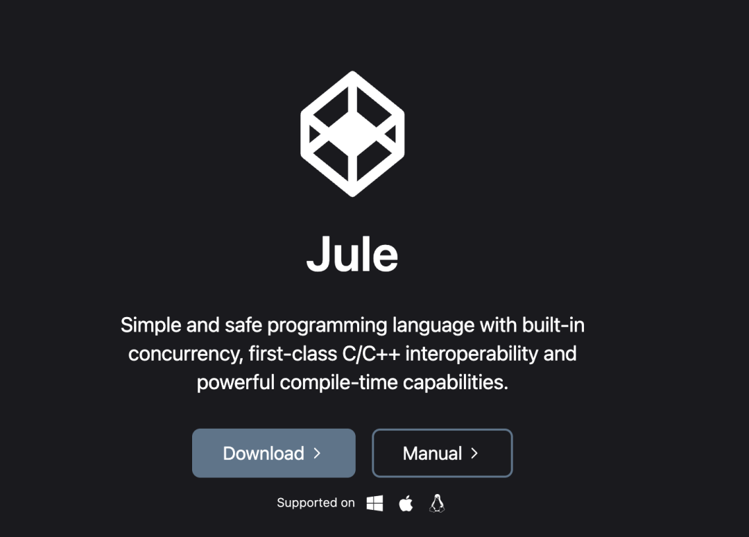 Jule语言官网截图,展示其简单、安全、内置并发等特性
