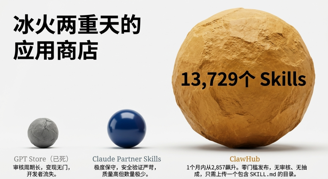 GPT Store、Claude Partner Skills与ClawHub的对比图：冰火两重天