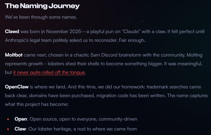 OpenClaw项目命名历程示意图