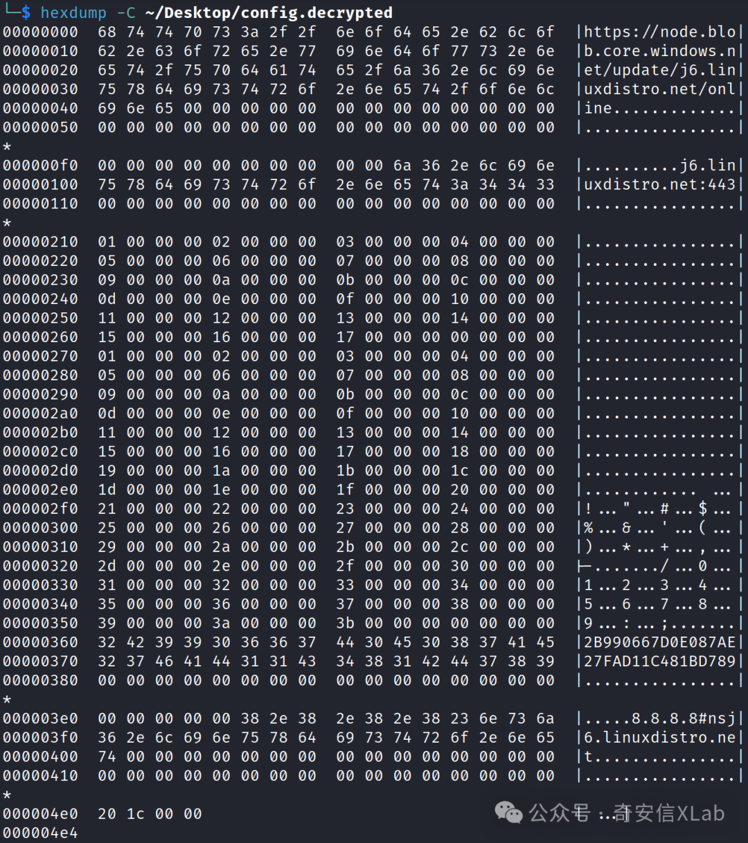 十六进制数据转储界面，左侧为地址偏移，中间为十六进制数据，右侧为对应的ASCII字符或占位符