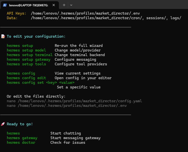 终端界面截图，深色背景，显示用户 lenovo@LAPTOP-T8QEME7G 的命令行环境。顶部显示当前路径和文件列表：API Keys 对应 /home/lenovo/.hermes/profiles/market_director/.env，Data 对应 /home/lenovo/.hermes/profiles/market_director/cron/, sessions/, logs/。中间部分为 'To edit your configuration:' 标题下的命令列表，包括 hermes setup、hermes config、hermes config set 等，右侧对应功能说明；下方为 'Or edit the files directly:' 部分，列出 nano 编辑配置文件的命令；底部 'Ready to go!' 标题下有三个启动命令：hermes gateway、hermes doctor 等。文字主要为绿色和白色，字体为等宽终端字体。