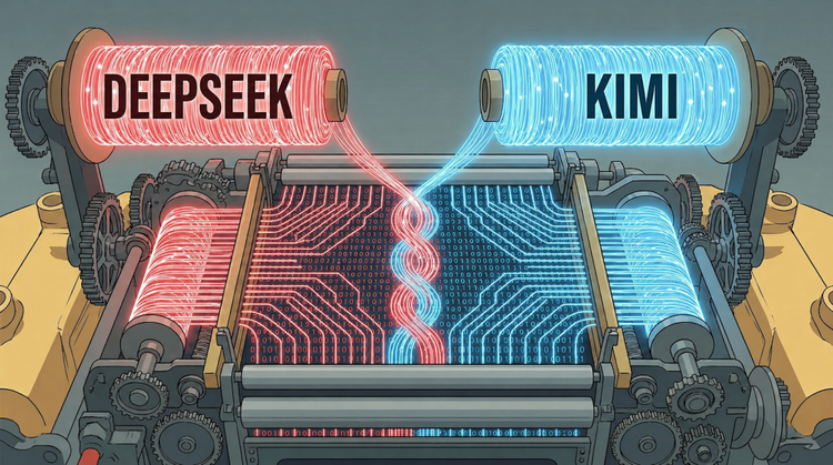 DeepSeek与Kimi数据融合协作意象图