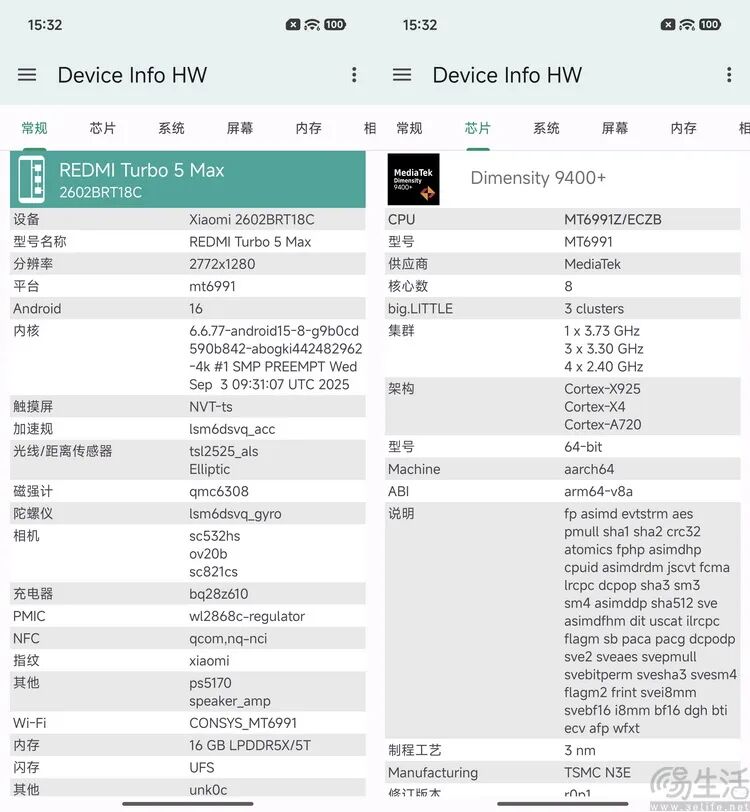 REDMI Turbo 5 Max 硬件信息识别截图