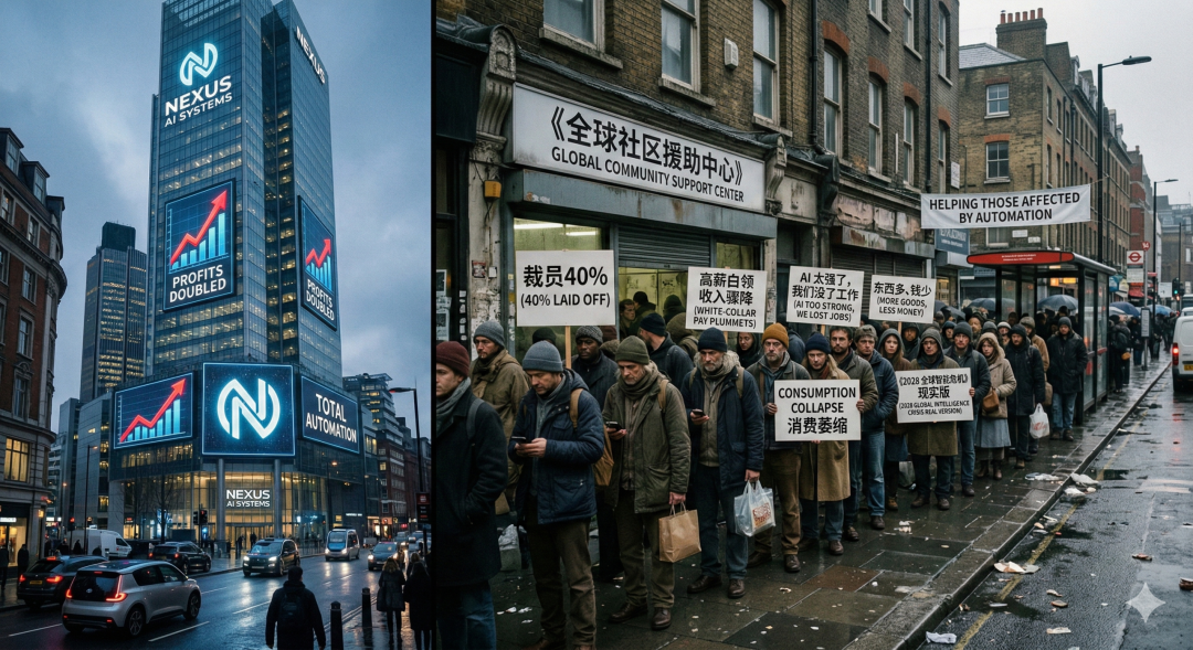 描绘AI公司利润增长与裁员抗议对比的插图