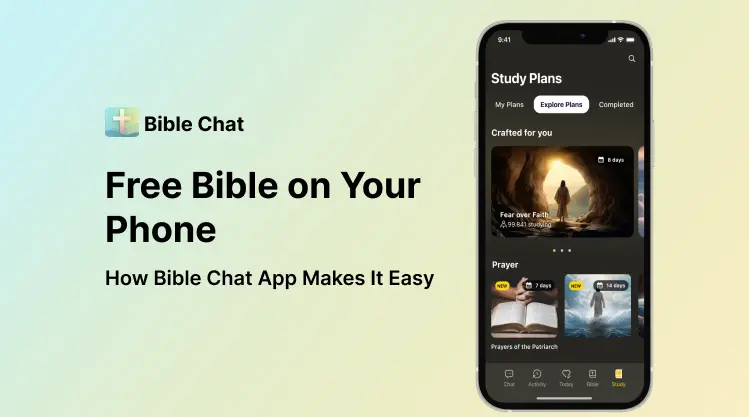 Bible Chat应用界面截图，显示学习计划、祷告内容等宗教陪伴功能