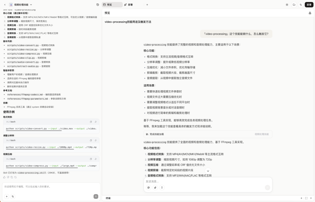 视频处理Skill构建完成界面