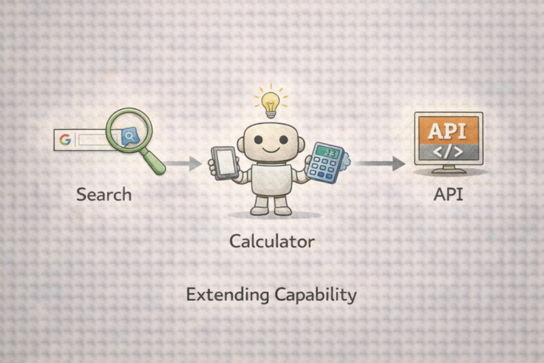 反馈循环示意图：从搜索到计算再到API调用，扩展AI能力