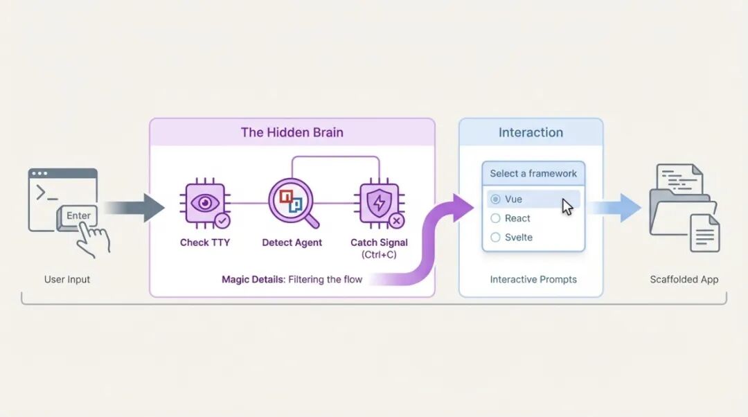 CLI工具从用户输入到脚手架生成的全流程示意图