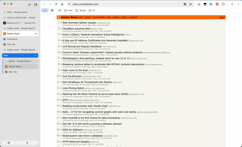启用垂直标签页后的浏览器界面效果