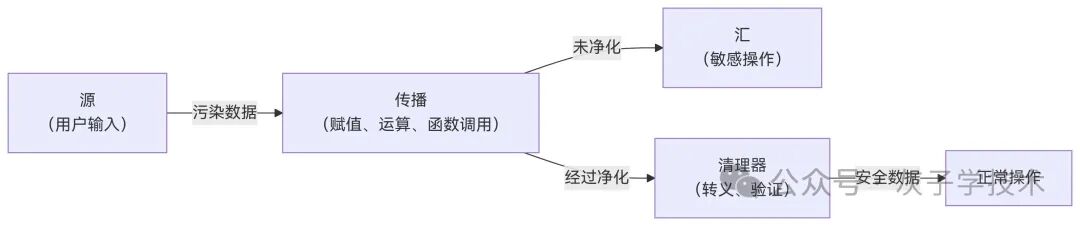 描述数据从源经过传播节点，分支为未净化和经过净化两条路径的流程图