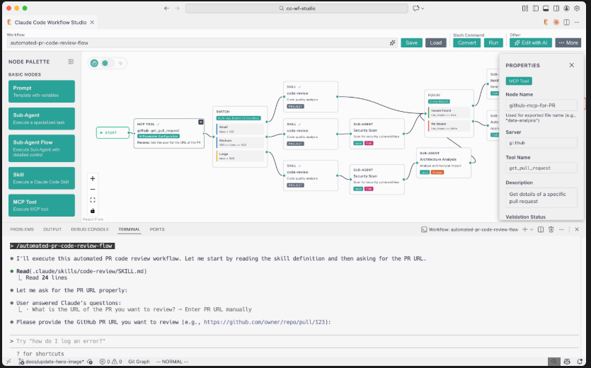 Claude Code Workflow Studio 可视化工作流编辑器界面