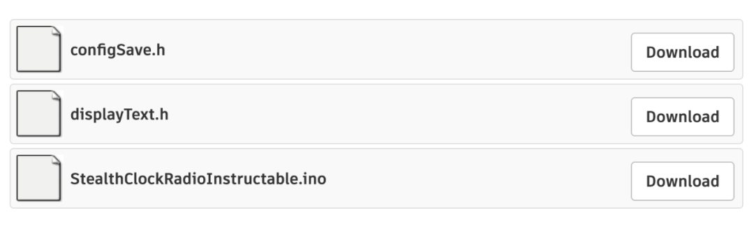 项目源码文件列表：configSave.h, displayText.h, StealthClockRadioInstructable.ino