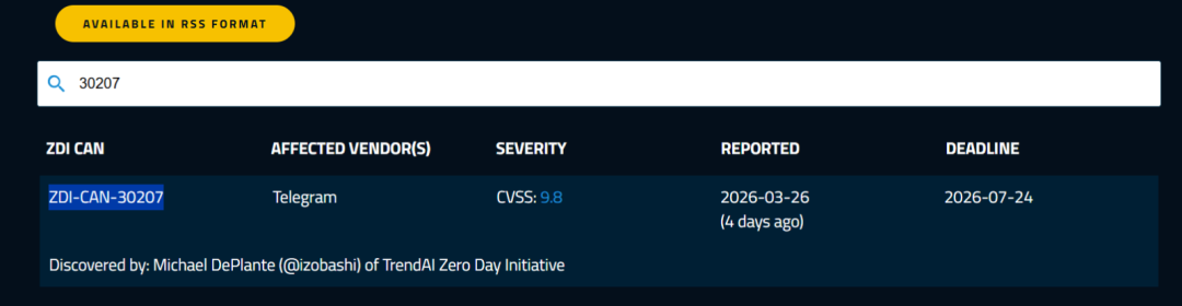 ZDI平台关于Telegram漏洞ZDI-CAN-30207的详情页截图