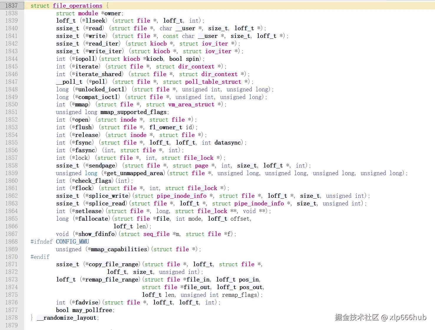 file_operations 结构体源码定义，包含 read、write、mmap、unlocked_ioctl 等函数指针，行号 1837-1876