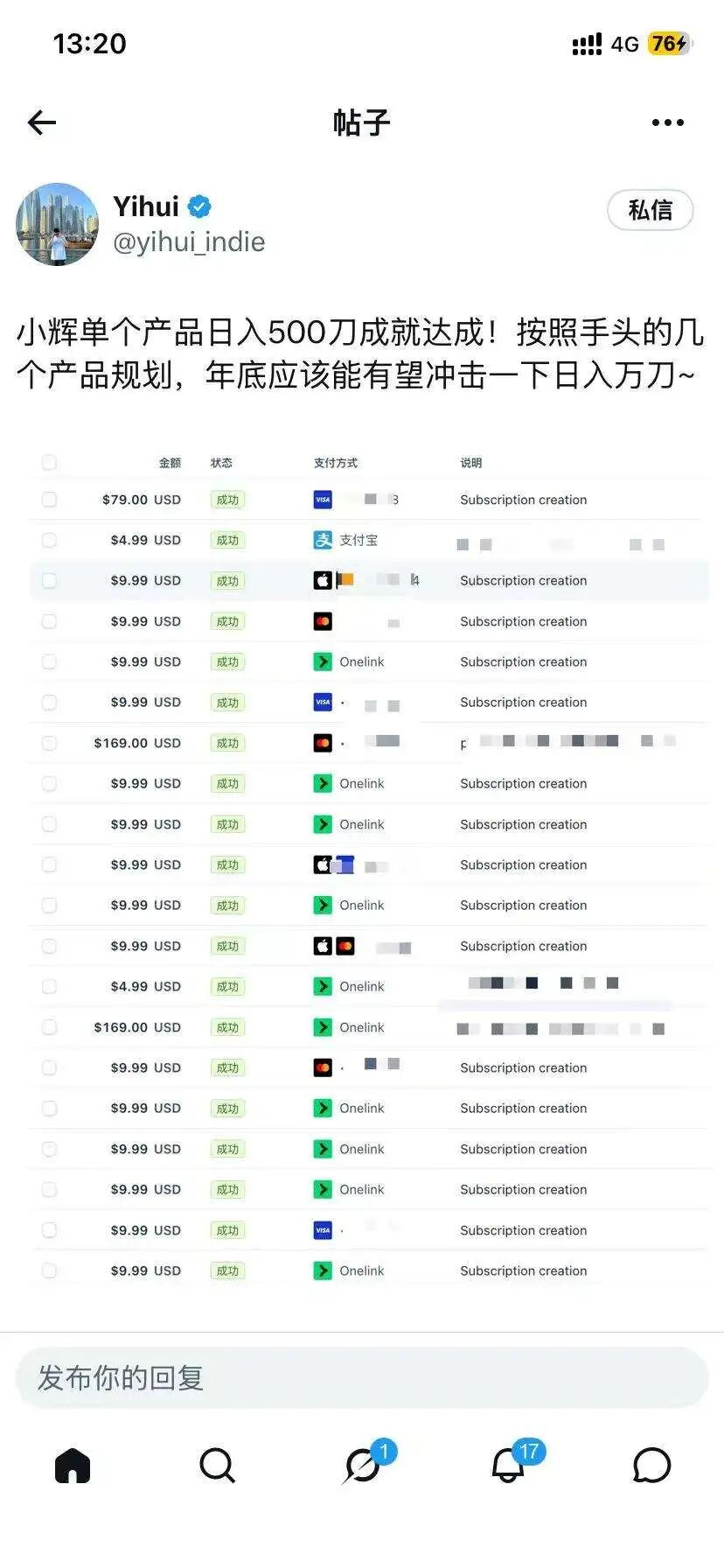 yihui单个产品日入500美元交易记录截图
