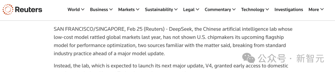 路透社关于DeepSeek未向英伟达展示新模型的报道截图