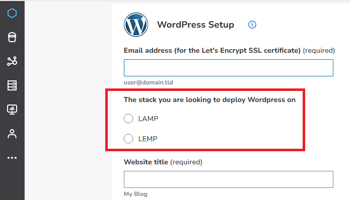 WordPress 安装设置页面,LAMP 与 LEMP 堆栈选择