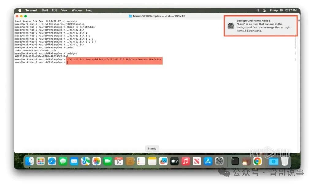 终端中运行minst2.bin并传入uid、服务器地址和OneDrive等参数的界面