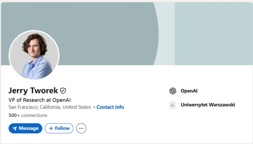 OpenAI前研发副总裁Jerry Tworek的LinkedIn资料截图