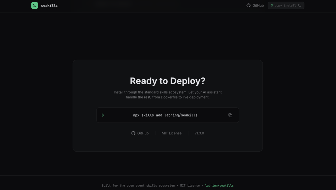 Seakills 安装页面与 Ready to Deploy 引导