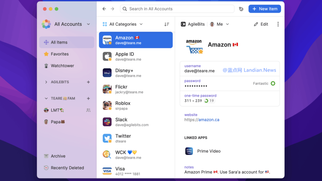 1Password管理界面截图:展示账户信息、密码与关联应用