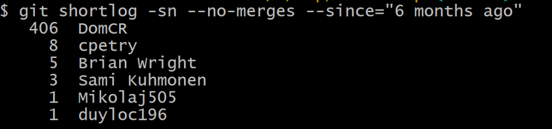 Git命令输出:近半年贡献者排名