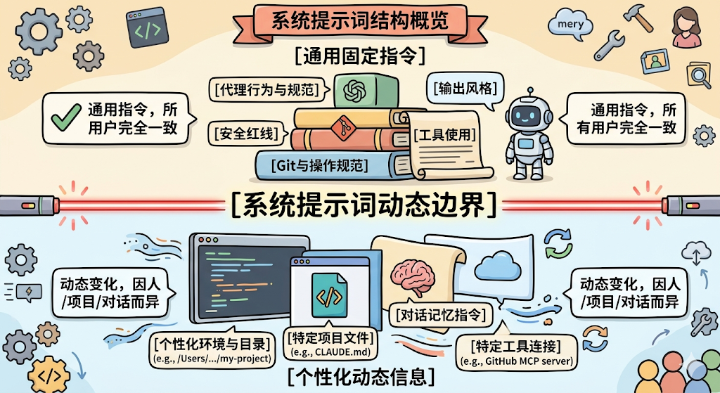 一张关于系统提示词结构概览的科普插画，分为上下两部分：上半部分为浅黄色背景，标题‘系统提示词结构概览’，下方标注‘[通用固定指令]’，包含机器人形象、三本堆叠书籍（分别标有‘[代理行为与规范]’‘[安全红线]’‘[工具使用]’）、卷轴（标有‘[Git与操作规范]’‘[输出风格]’），两侧有带绿色对勾的对话框写着‘通用指令，所有用户完全一致’；下半部分为浅蓝色背景，标题‘[系统提示词动态边界]’，下方标注‘[个性化动态信息]’，包含代码编辑器、文件图标、大脑、云朵等元素，分别对应‘[个性化环境与目录]’（如‘/Users/.../my-project’）、‘[特定项目文件]’（如‘CLAude.md’）、‘[对话记忆指令]’、‘[特定工具连接]’（如‘GitHub MCP server’），两侧有对话框写着‘动态变化，因人/项目/对话而异’，整体配以齿轮、锤子、人物头像等小图标点缀。