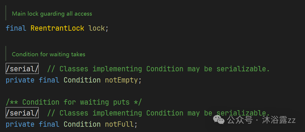 ArrayBlockingQueue的锁与条件变量定义代码