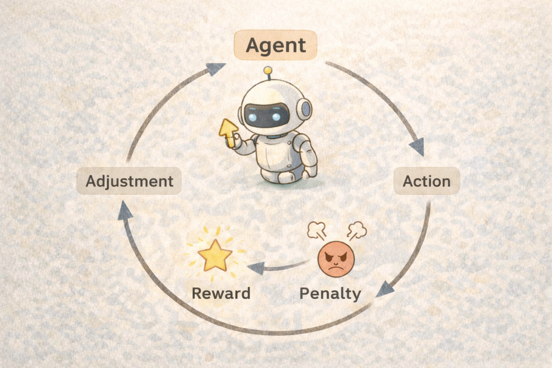 强化学习循环过程示意图：智能体通过行动、奖惩、调整来迭代学习