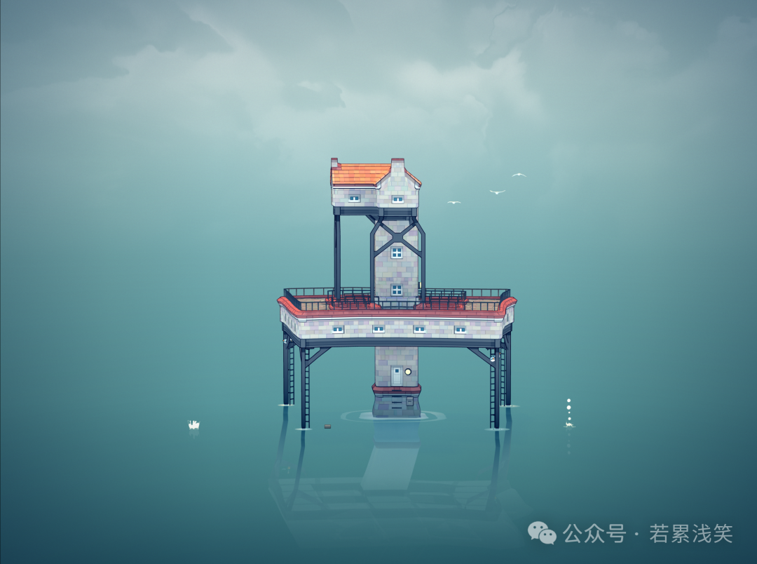 宁静水面的孤寂小屋