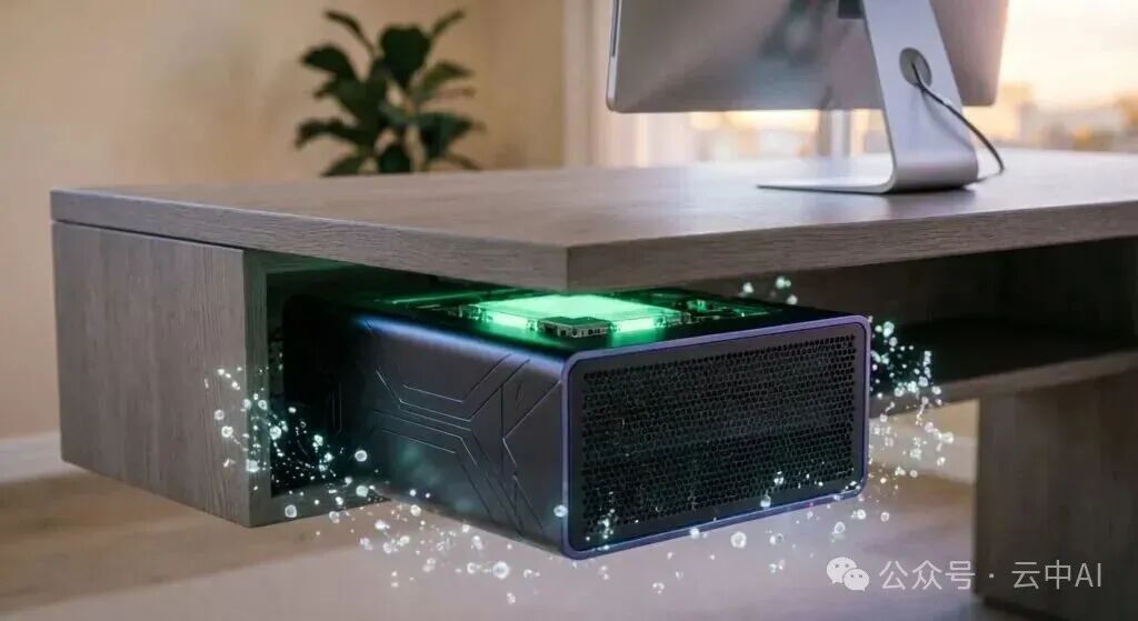 现代办公桌下的隐藏式AI主机