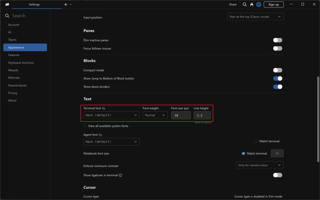 Warp字体与文本设置界面
