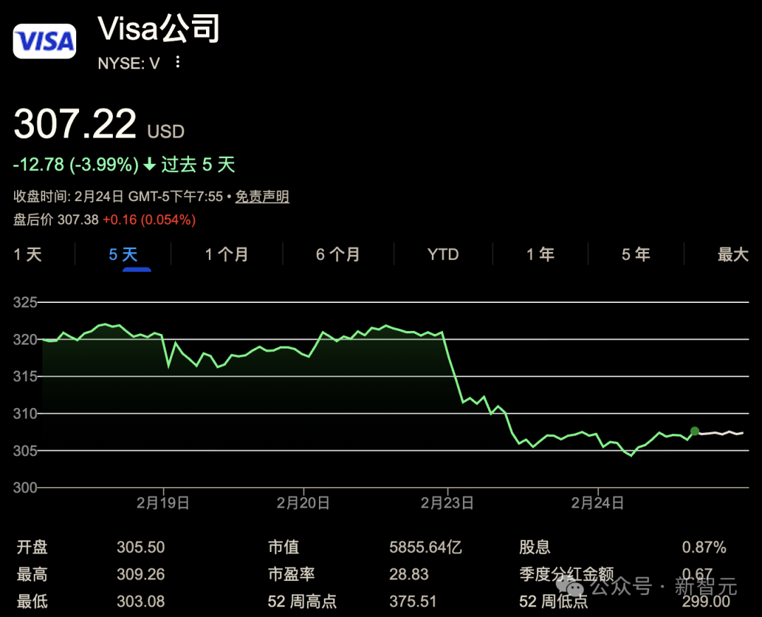Visa公司股价下跌截图