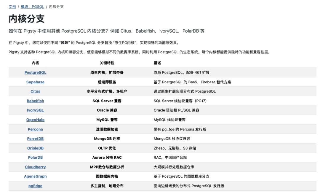 Pigsty 支持的内核分支及其关键特性介绍