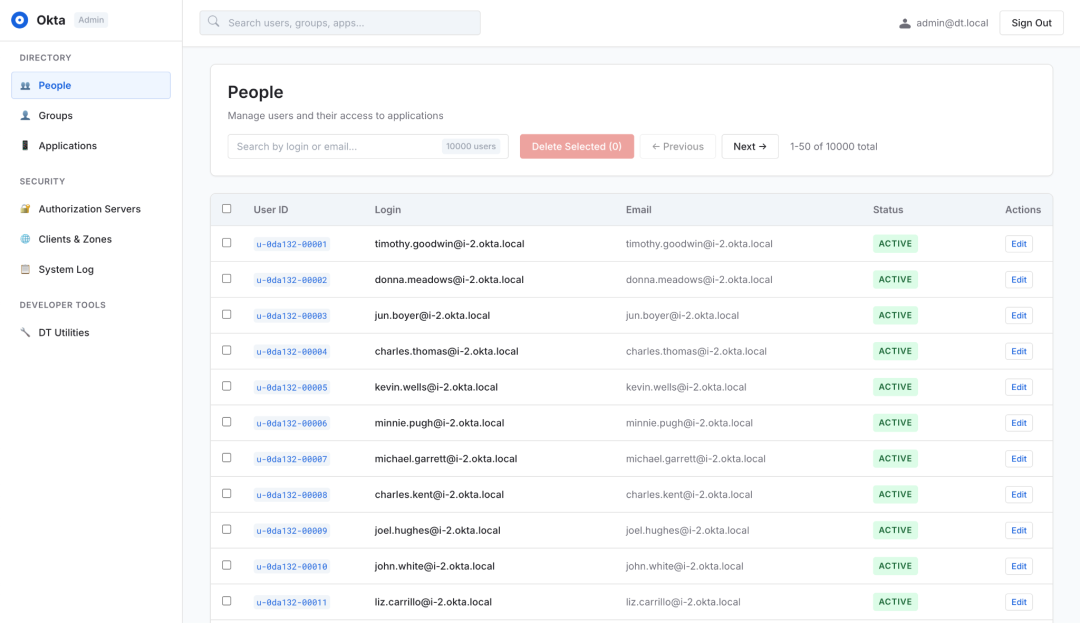 模拟的Okta管理后台用户列表