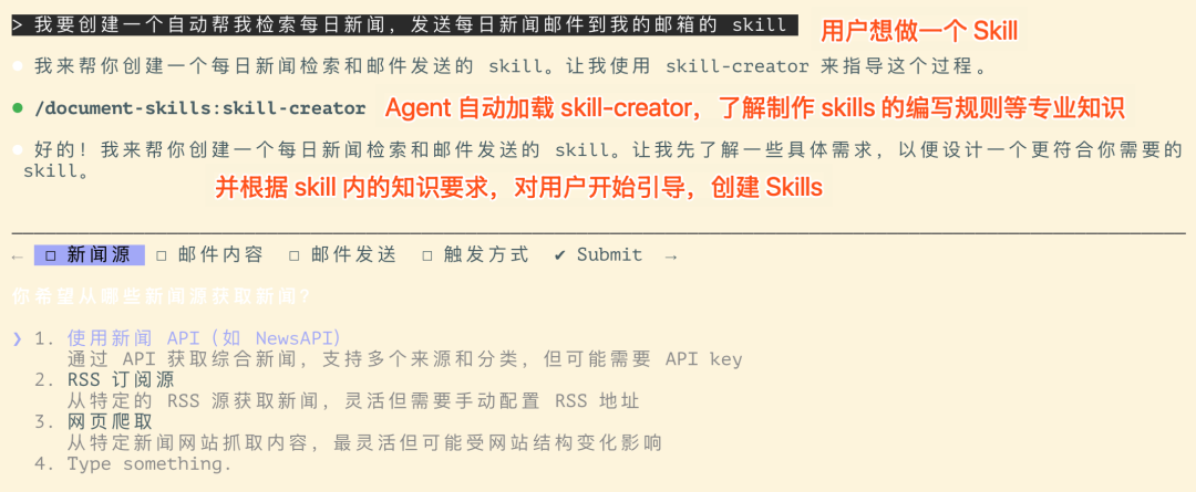 Skill-Creator 引导创建每日新闻Skill的交互界面