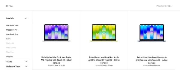 MacBook Neo官网产品列表页
