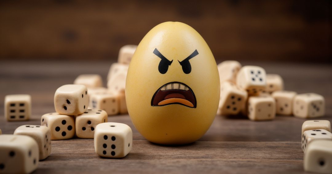 表达戏剧性冲突的梗图：一个画着愤怒表情的鸡蛋和散落的骰子