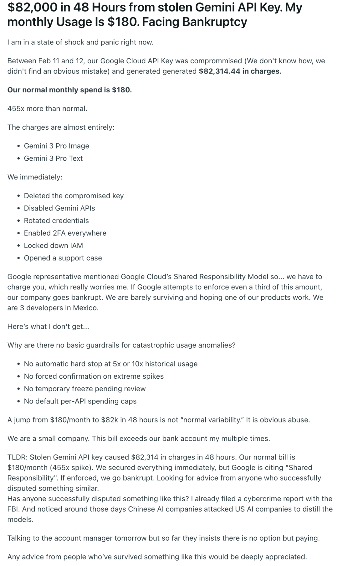 Reddit用户发布的账单截图，显示48小时内产生超过8.2万美元费用