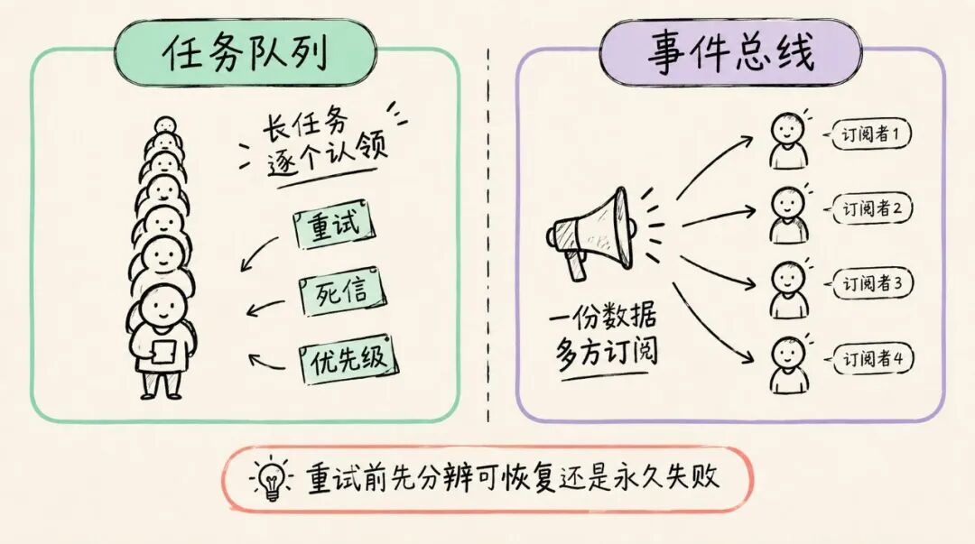 任务队列与事件总线架构对比图:队列逐个认领,总线多方订阅