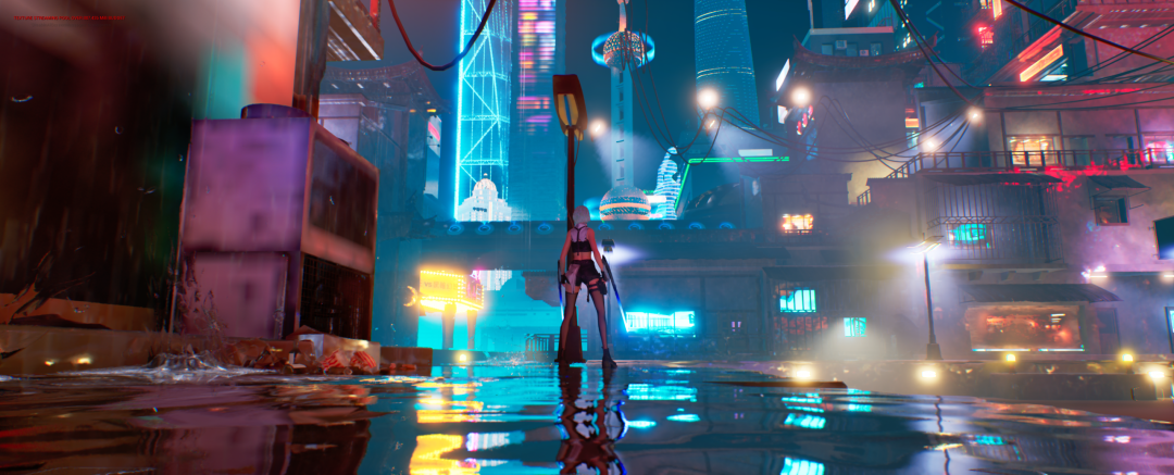 赛博朋克风格的城市街道，霓虹闪烁，地面湿滑反射灯光