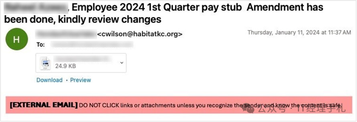 包含紧急薪资主题的钓鱼邮件